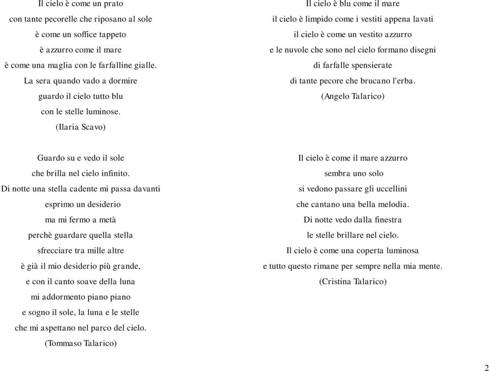 (Ilaria Scavo) Il cielo è blu come il mare il cielo è limpido come i vestiti appena lavati il cielo è come un vestito azzurro e le nuvole che sono nel cielo formano disegni di farfalle spensierate di