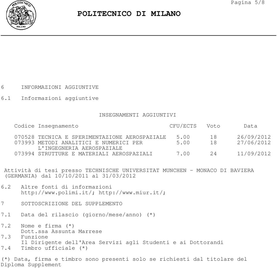 00 24 11/09/2012 Attività di tesi presso TECHNISCHE UNIVERSITAT MUNCHEN - MONACO DI BAVIERA (GERMANIA) dal 10/10/2011 al 31/03/2012 6.2 Altre fonti di informazioni http://www.polimi.it/; http://www.