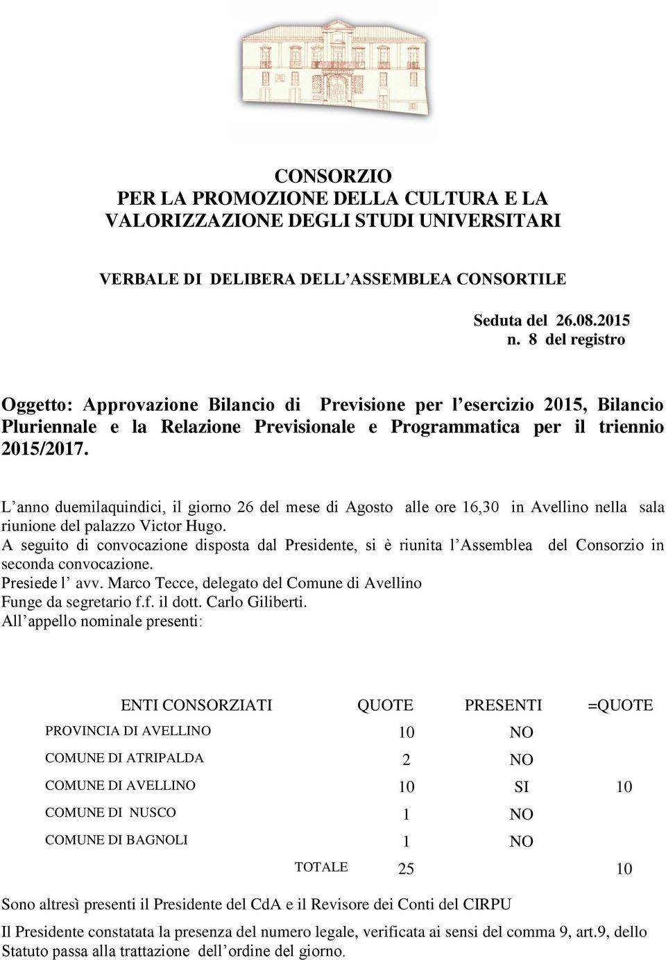 L anno duemilaquindici, il giorno 26 del mese di Agosto alle ore 16,30 in Avellino nella sala riunione del palazzo Victor Hugo.