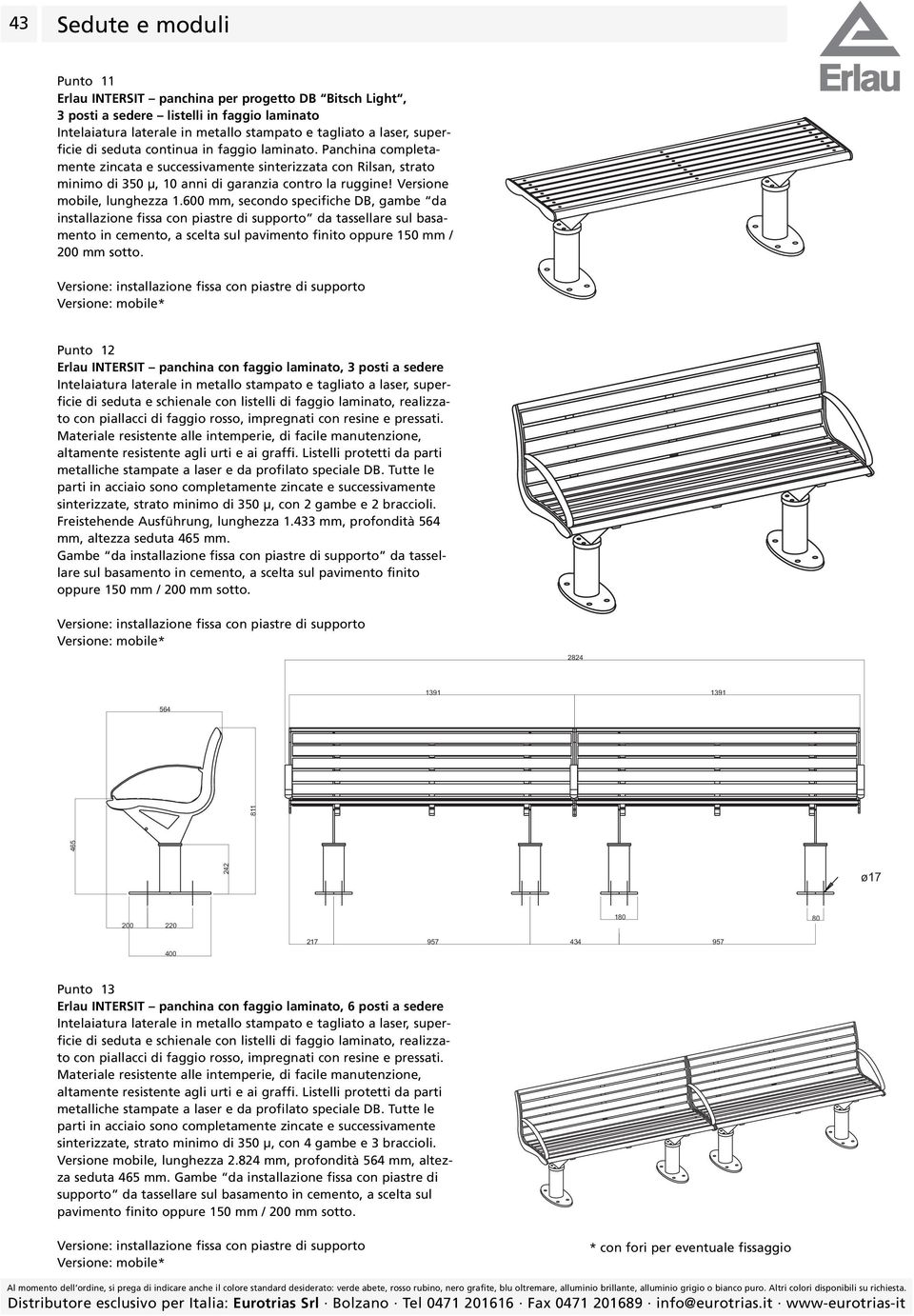 600 mm, secondo specifiche DB, gambe da installazione fissa con piastre di supporto da tassellare sul basamento in cemento, a scelta sul pavimento finito oppure 150 mm / 200 mm sotto.