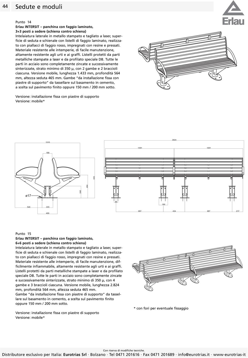 Gambe da installazione fissa con piastre di supporto da tassellare sul basamento in cemento, a scelta sul pavimento finito 1315 2824 188 464 810 240 548 220 80 957 434 957 217 Punto 15 Erlau INTERSIT