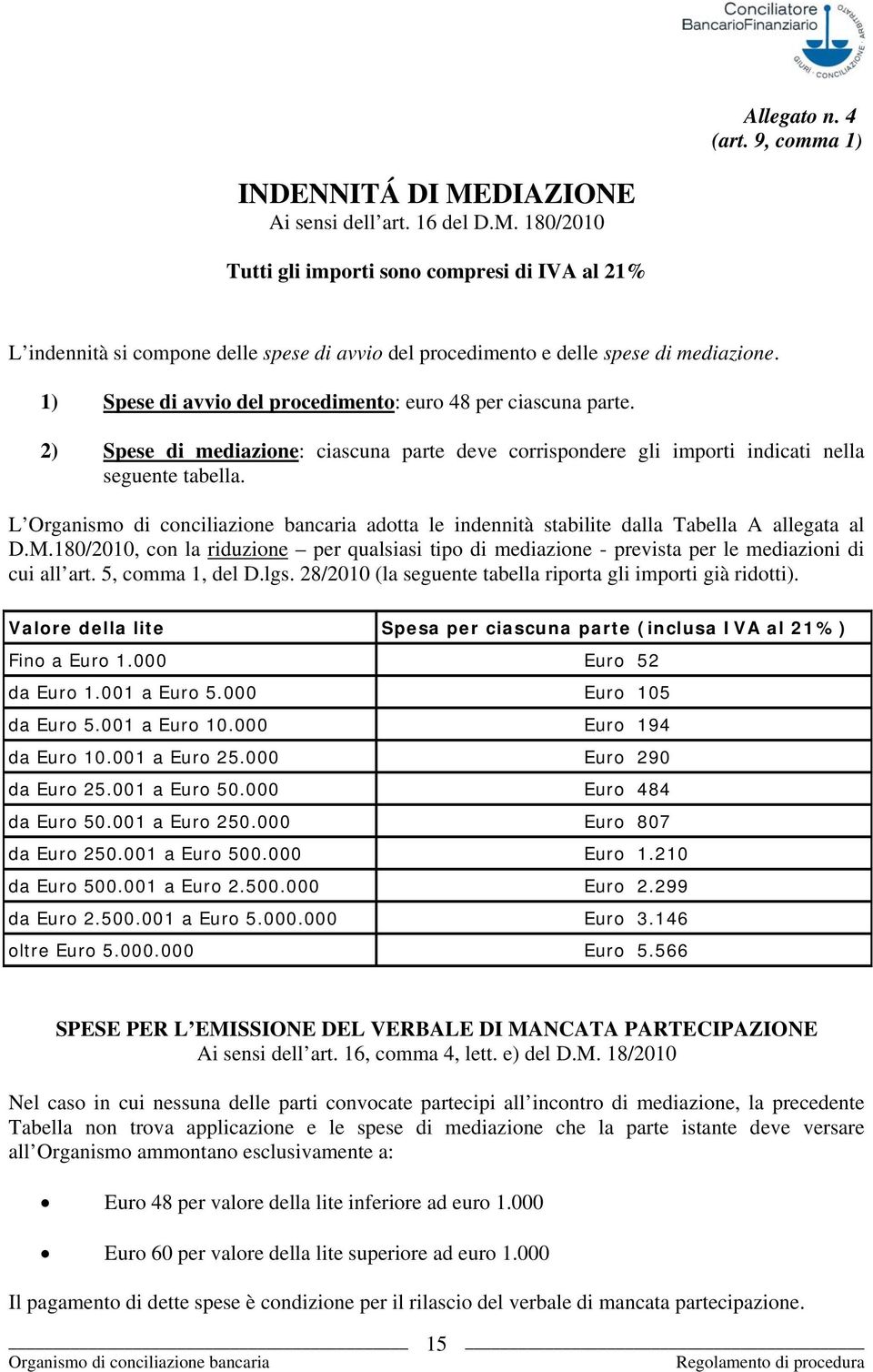 L adotta le indennità stabilite dalla Tabella A allegata al D.M.180/2010, con la riduzione per qualsiasi tipo di mediazione - prevista per le mediazioni di cui all art. 5, comma 1, del D.lgs.