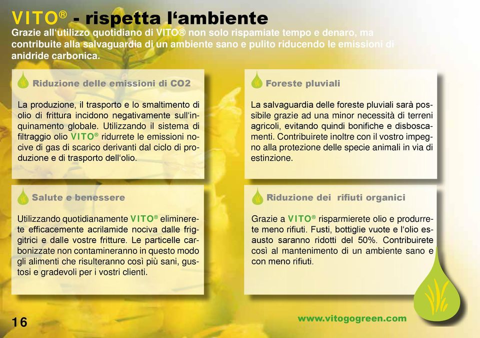 Utilizzando il sistema di filtraggio olio VITO ridurrete le emissioni nocive di gas di scarico derivanti dal ciclo di produzione e di trasporto dell olio.