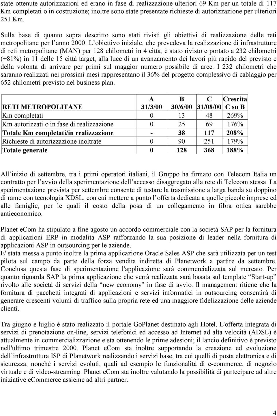 L obiettivo iniziale, che prevedeva la realizzazione di infrastrutture di reti metropolitane (MAN) per 128 chilometri in 4 città, è stato rivisto e portato a 232 chilometri (+81%) in 11 delle 15