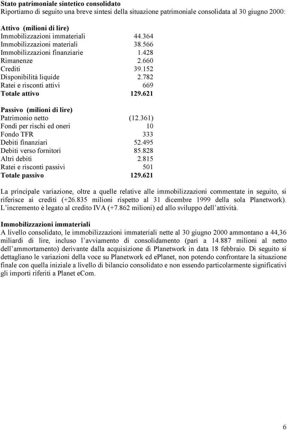 621 Passivo (milioni di lire) Patrimonio netto (12.361) Fondi per rischi ed oneri 10 Fondo TFR 333 Debiti finanziari 52.495 Debiti verso fornitori 85.828 Altri debiti 2.