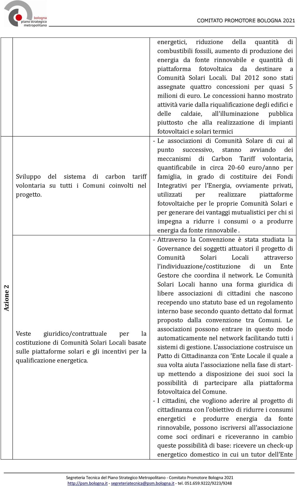 energetici, riduzione della quantità di combustibili fossili, aumento di produzione dei energia da fonte rinnovabile e quantità di piattaforma fotovoltaica da destinare a Comunità Solari Locali.