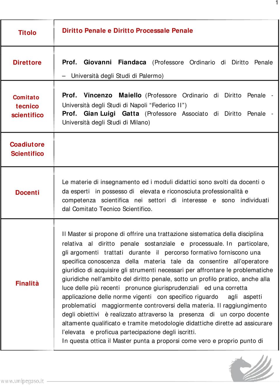 Gian Luigi Gatta (Professore Associato di Diritto Penale - Università degli Studi di Milano) Coadiutore Scientifico Docenti Le materie di insegnamento ed i moduli didattici sono svolti da docenti o