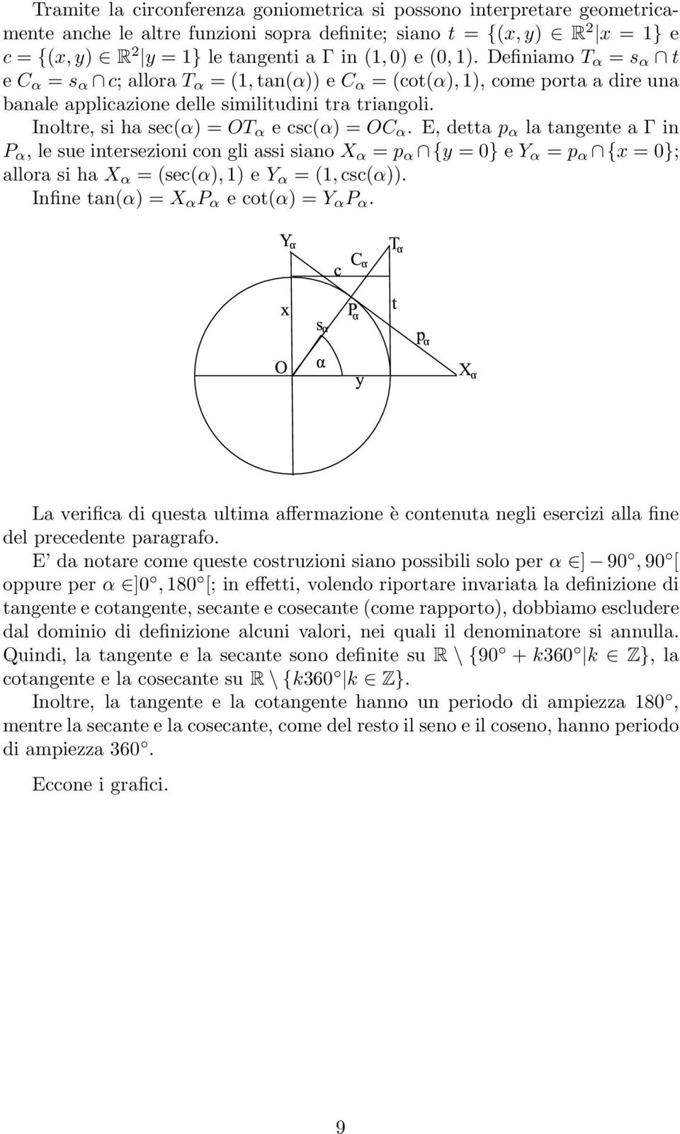 E, detta p α la tangente a Γ in P α, le sue intersezioni con gli assi siano X α p α {y 0} e Y α p α {x 0}; allora si ha X α (sec(α, 1 e Y α (1, csc(α. Infine tan(α X α P α e cot(α Y α P α.