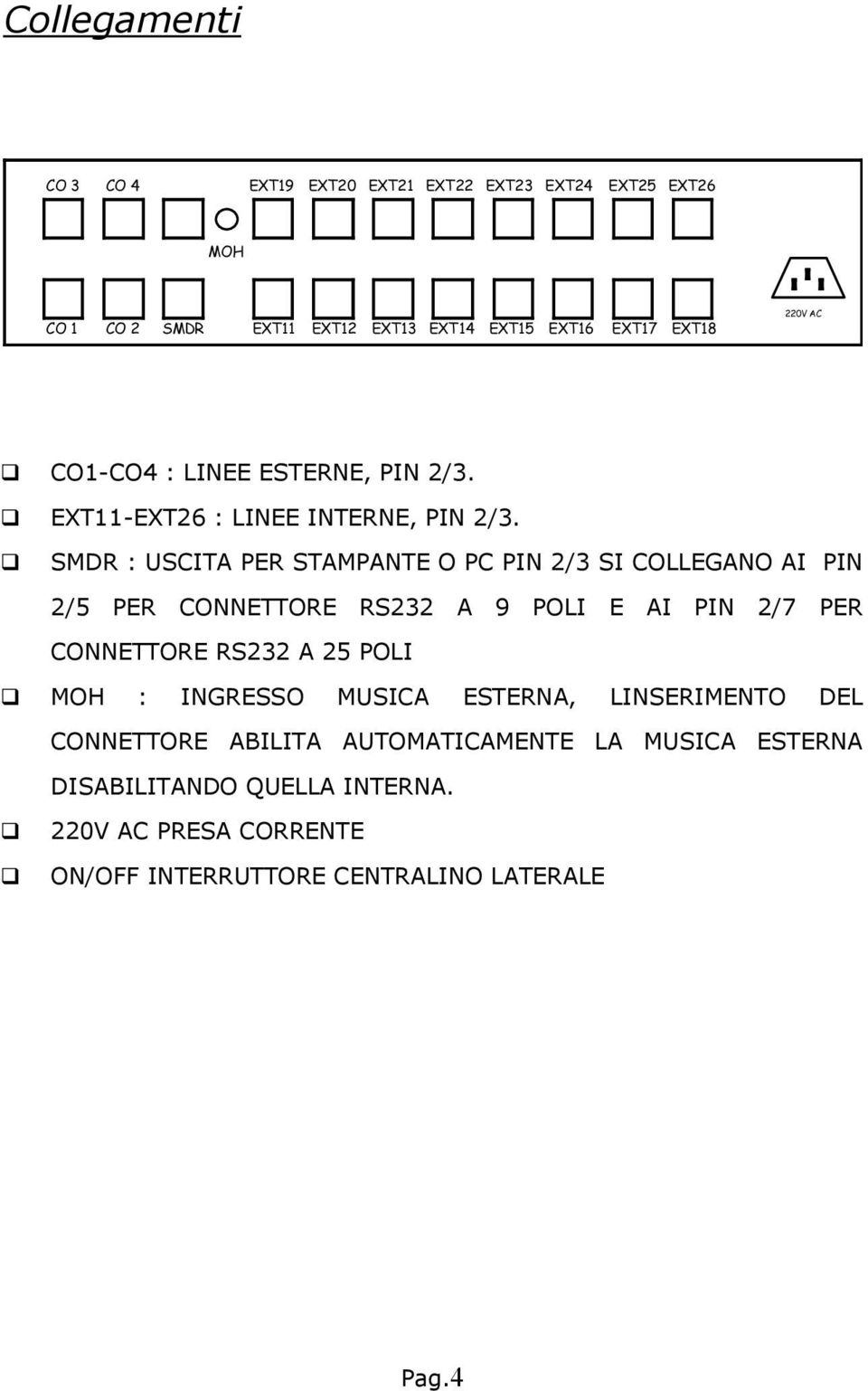 SMDR : USCITA PER STAMPANTE O PC PIN 2/3 SI COLLEGANO AI PIN 2/5 PER CONNETTORE RS232 A 9 POLI E AI PIN 2/7 PER CONNETTORE RS232 A 25 POLI