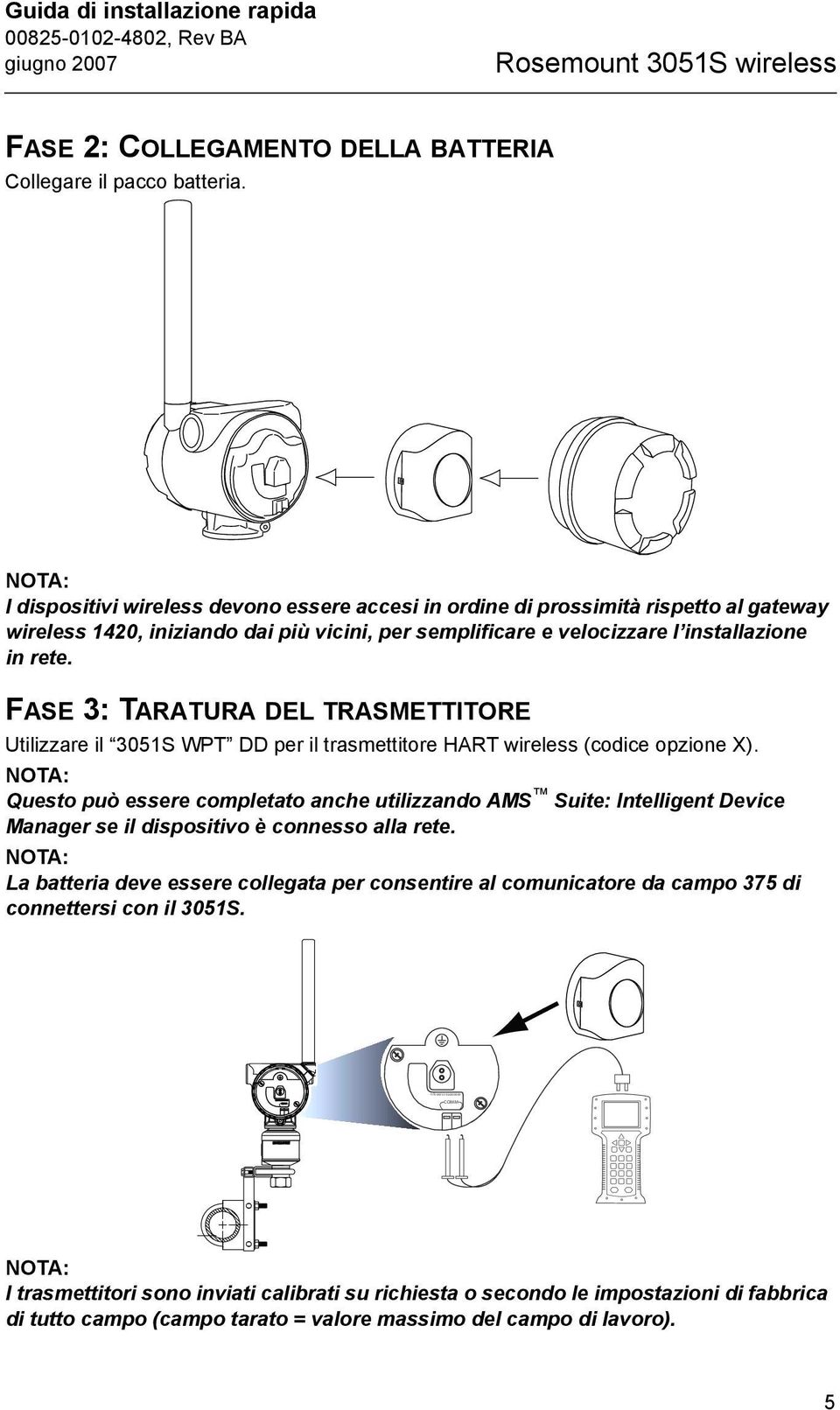 FASE 3: TARATURA DEL TRASMETTITORE Utilizzare il 3051S WPT DD per il trasmettitore HART wireless (codice opzione X).