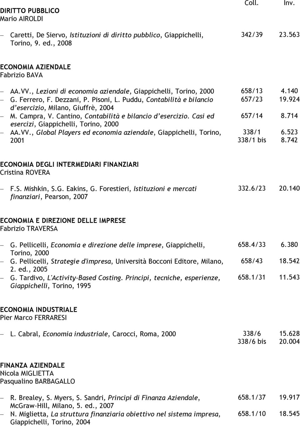 Campra, V. Cantino, Contabilità e bilancio d esercizio. Casi ed 657/14 8.714 esercizi, Giappichelli, Torino, 2000 AA.VV.