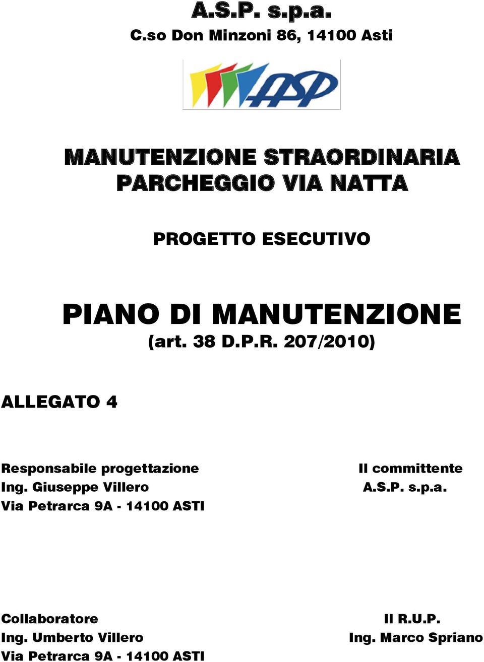 ESECUTIVO PIANO DI MANUTENZIONE (art. 38 D.P.R.