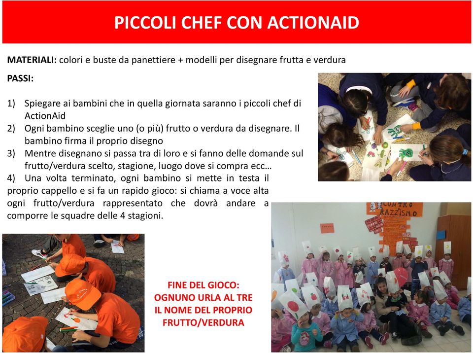 Il bambino firma il proprio disegno 3) Mentre disegnano si passa tra di loro e si fanno delle domande sul frutto/verdura scelto, stagione, luogo dove si compra ecc 4) Una volta