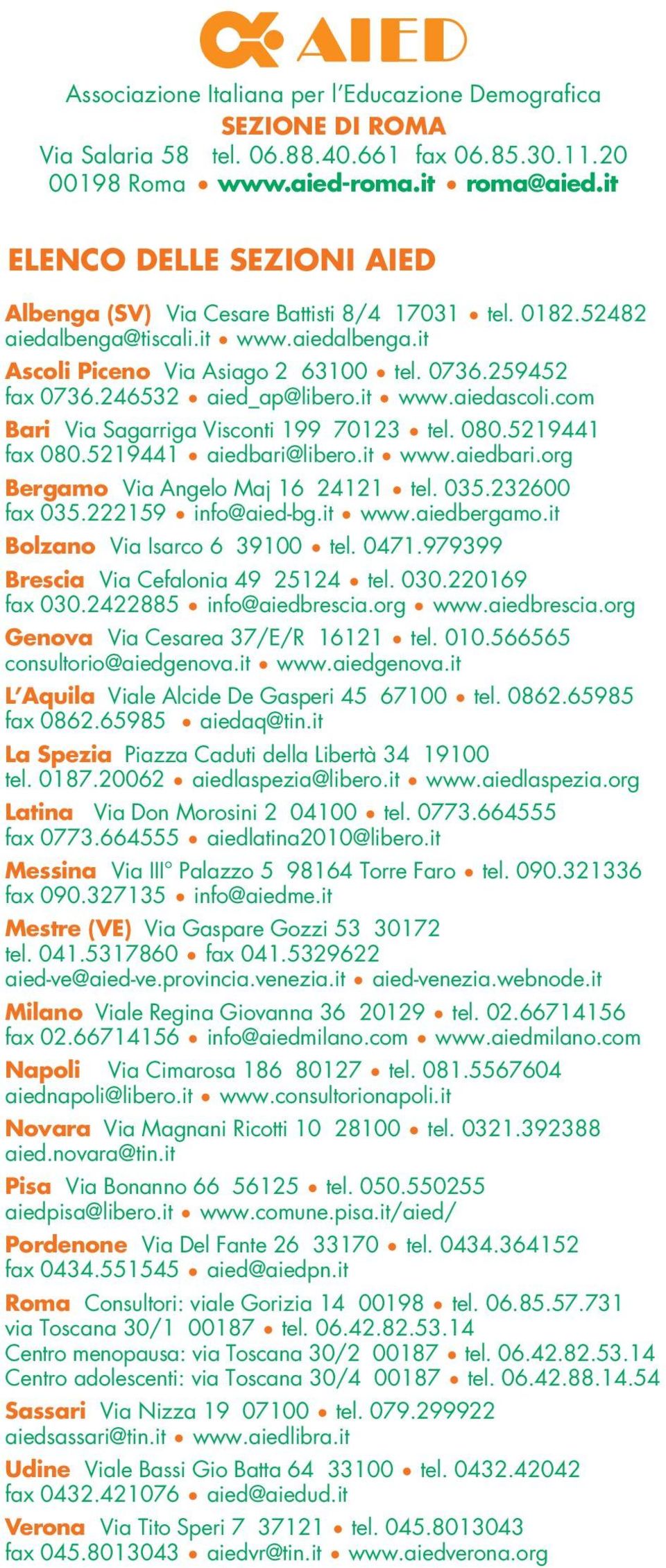 246532 aied_ap@libero.it www.aiedascoli.com Bari Via Sagarriga Visconti 199 70123 tel. 080.5219441 fax 080.5219441 aiedbari@libero.it www.aiedbari.org Bergamo Via Angelo Maj 16 24121 tel. 035.