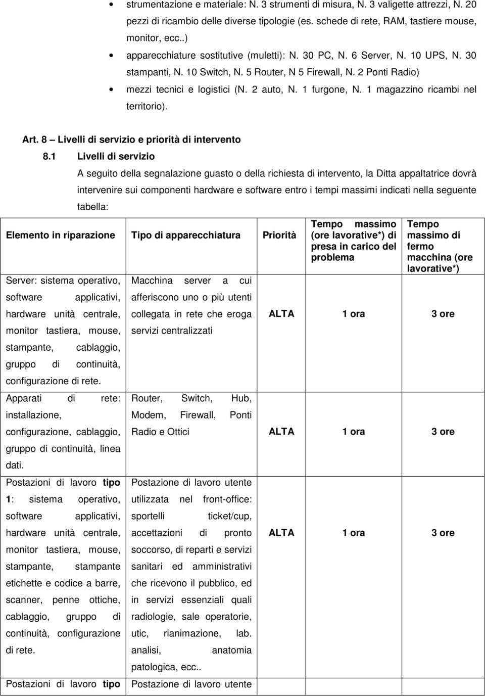 1 furgone, N. 1 magazzino ricambi nel territorio). Art. 8 Livelli di servizio e priorità di intervento 8.