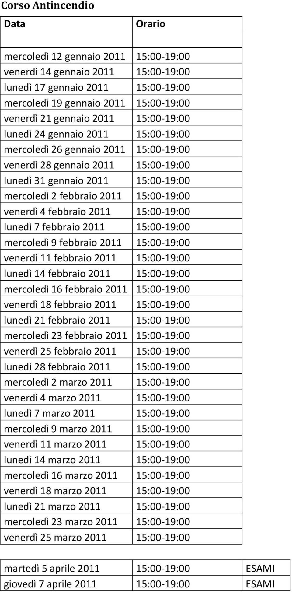 venerdì 4 febbraio 2011 15:00-19:00 lunedì 7 febbraio 2011 15:00-19:00 mercoledì 9 febbraio 2011 15:00-19:00 venerdì 11 febbraio 2011 15:00-19:00 lunedì 14 febbraio 2011 15:00-19:00 mercoledì 16