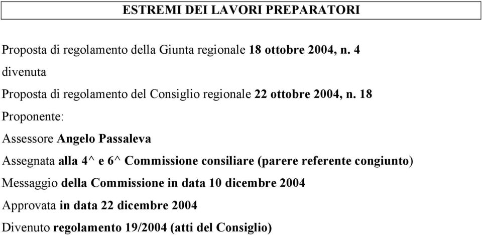 18 Proponente: Assessore Angelo Passaleva Assegnata alla 4^ e 6^ Commissione consiliare (parere referente