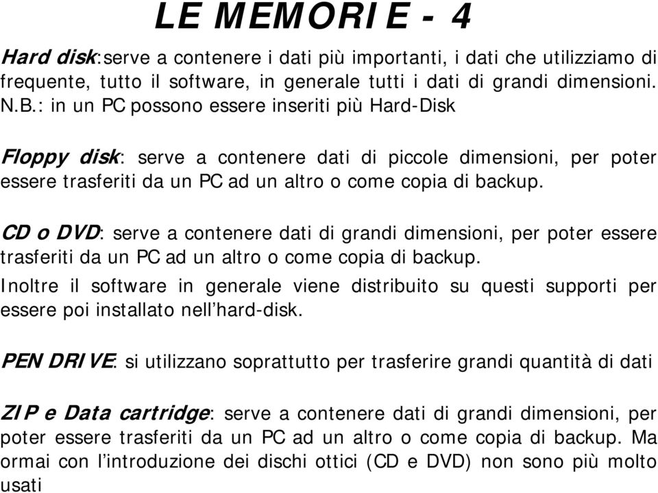 CD o DVD: serve a contenere dati di grandi dimensioni, per poter essere trasferiti da un PC ad un altro o come copia di backup.