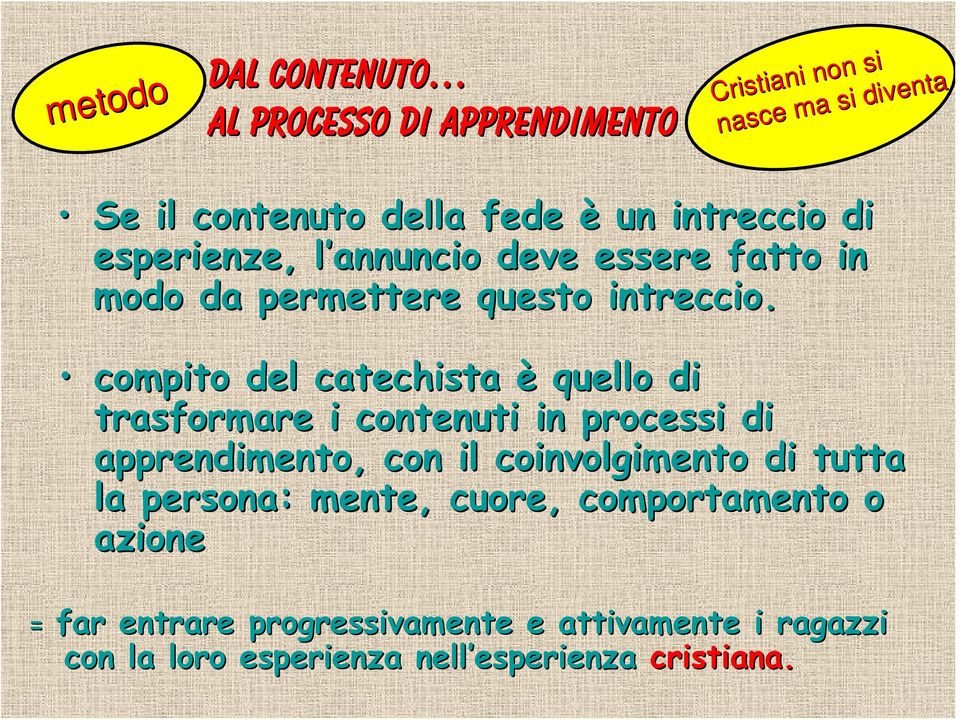 compito del catechista è quello di trasformare i contenuti in processi di apprendimento, con il coinvolgimento di tutta la