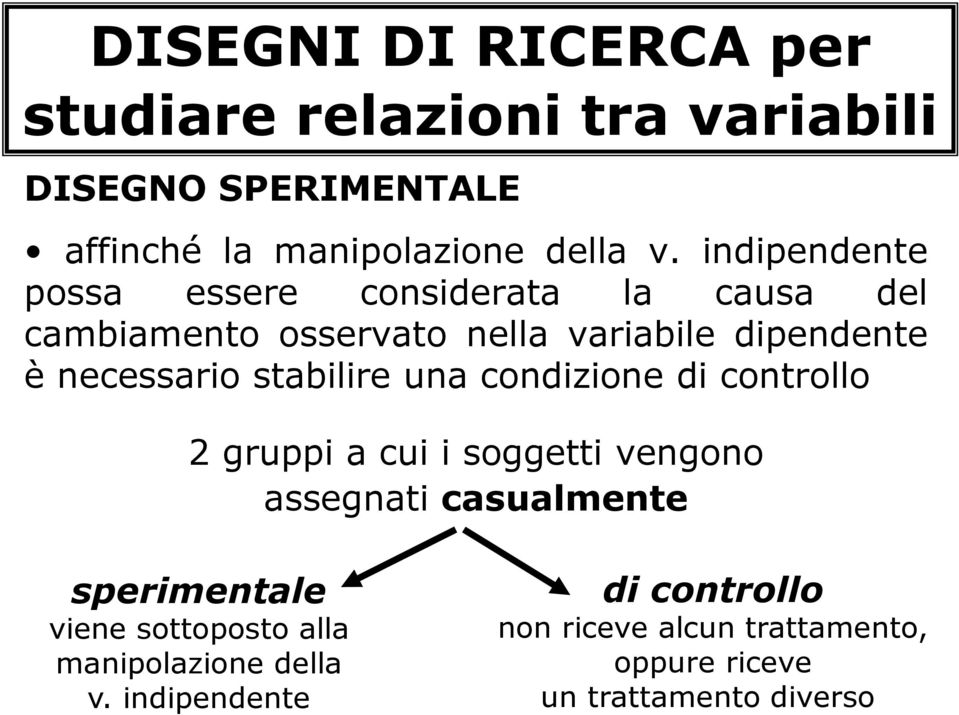 stabilire una condizione di controllo 2 gruppi a cui i soggetti vengono assegnati casualmente sperimentale viene