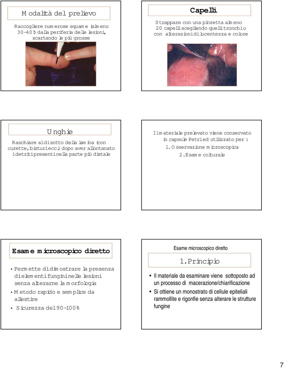 sotto della lamina (con curette, bisturi ecc.) dopo aver allontanato i detriti presenti nella parte più distale Il m ateriale prelevato viene conservato in capsule Petried utilizzato per : 1.