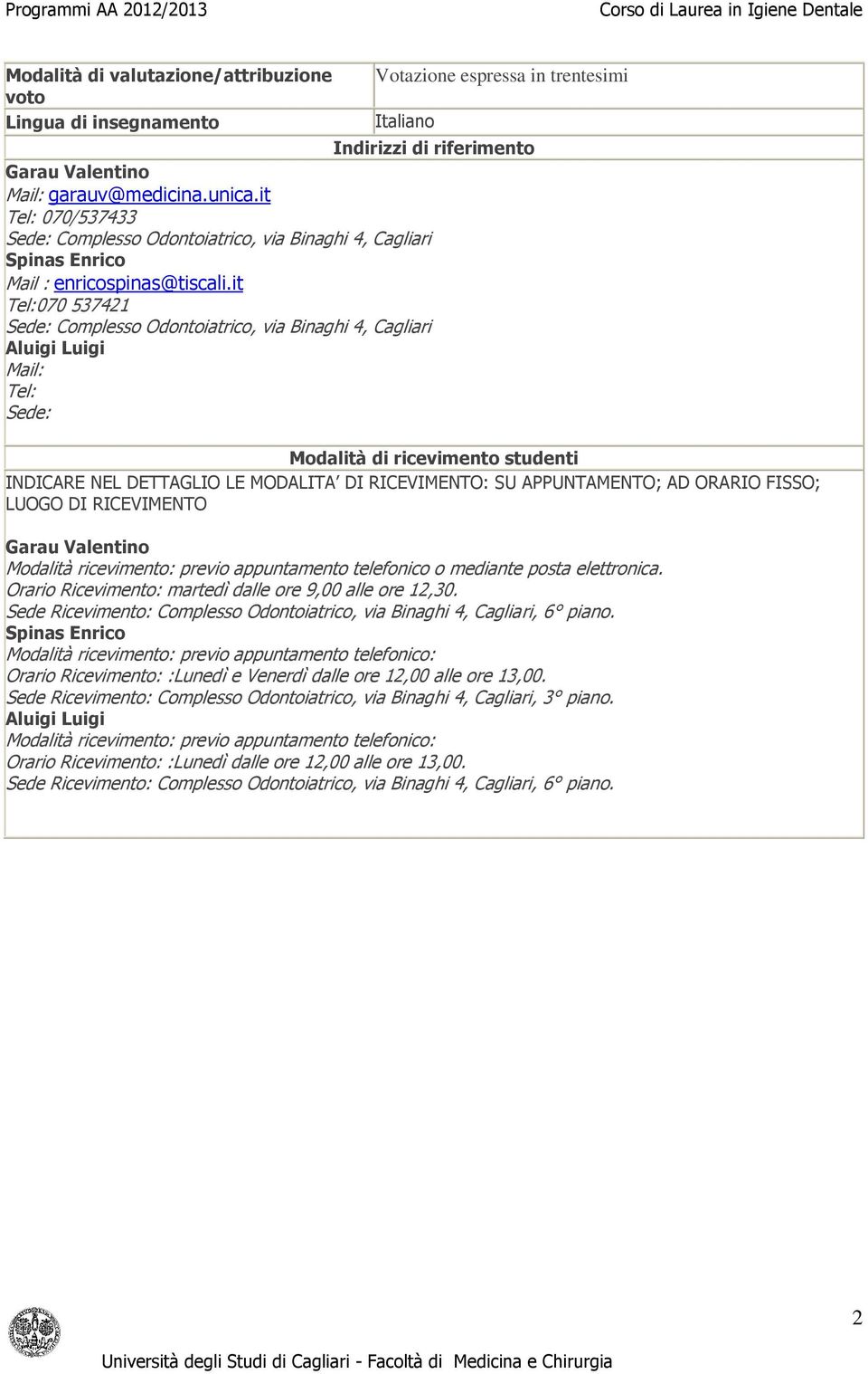 it Tel:070 537421 Sede: Complesso Odontoiatrico, via Binaghi 4, Cagliari Aluigi Luigi Tel: Sede: Modalità di ricevimento studenti INDICARE NEL DETTAGLIO LE MODALITA DI RICEVIMENTO: SU APPUNTAMENTO;