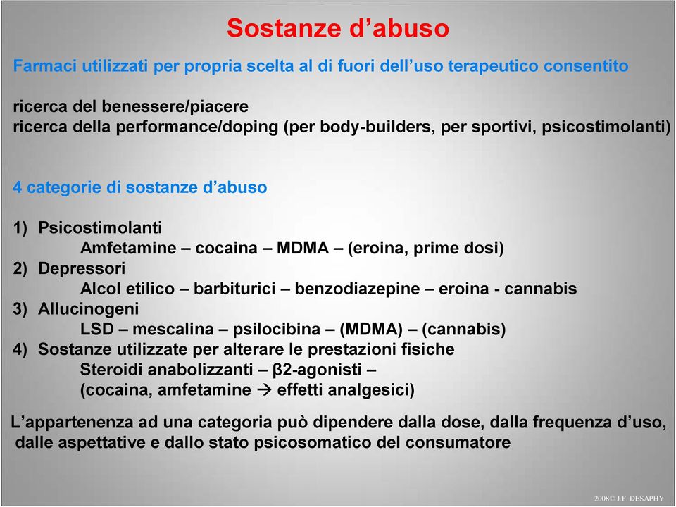 barbiturici benzodiazepine eroina - cannabis 3) Allucinogeni LSD mescalina psilocibina (MDMA) (cannabis) 4) Sostanze utilizzate per alterare le prestazioni fisiche Steroidi