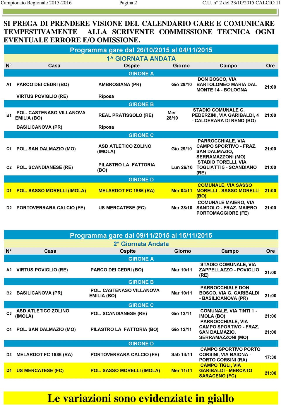 Programma gare dal 26/10/2015 al 04/11/2015 1^ GIORNATA ANDATA N Casa Ospite rno Campo Ore GIRONE A A1 PARCO DEI CEDRI AMBROSIANA (PR) 29/10 B1 C1 C2 VIRTUS POVIGLIO (RE) POL.