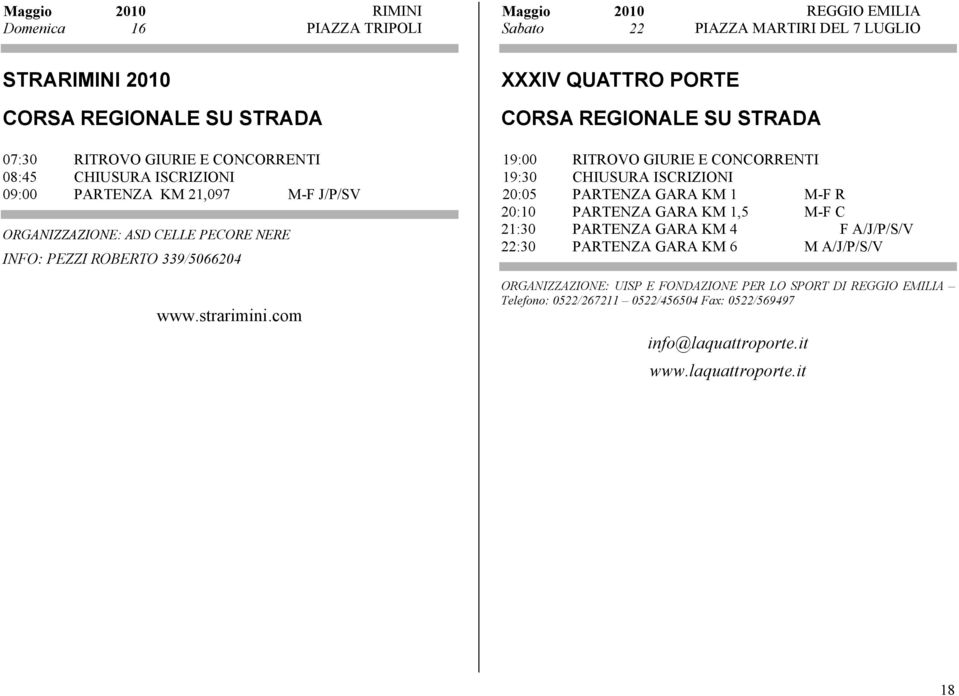 com XXXIV QUATTRO PORTE 19:00 RITROVO GIURIE E CONCORRENTI 19:30 CHIUSURA ISCRIZIONI 20:05 PARTENZA GARA KM 1 M-F R 20:10 PARTENZA GARA KM 1,5 M-F C 21:30 PARTENZA GARA KM 4