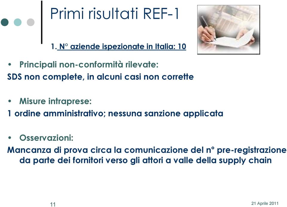 in alcuni casi non corrette Misure intraprese: 1 ordine amministrativo; nessuna sanzione