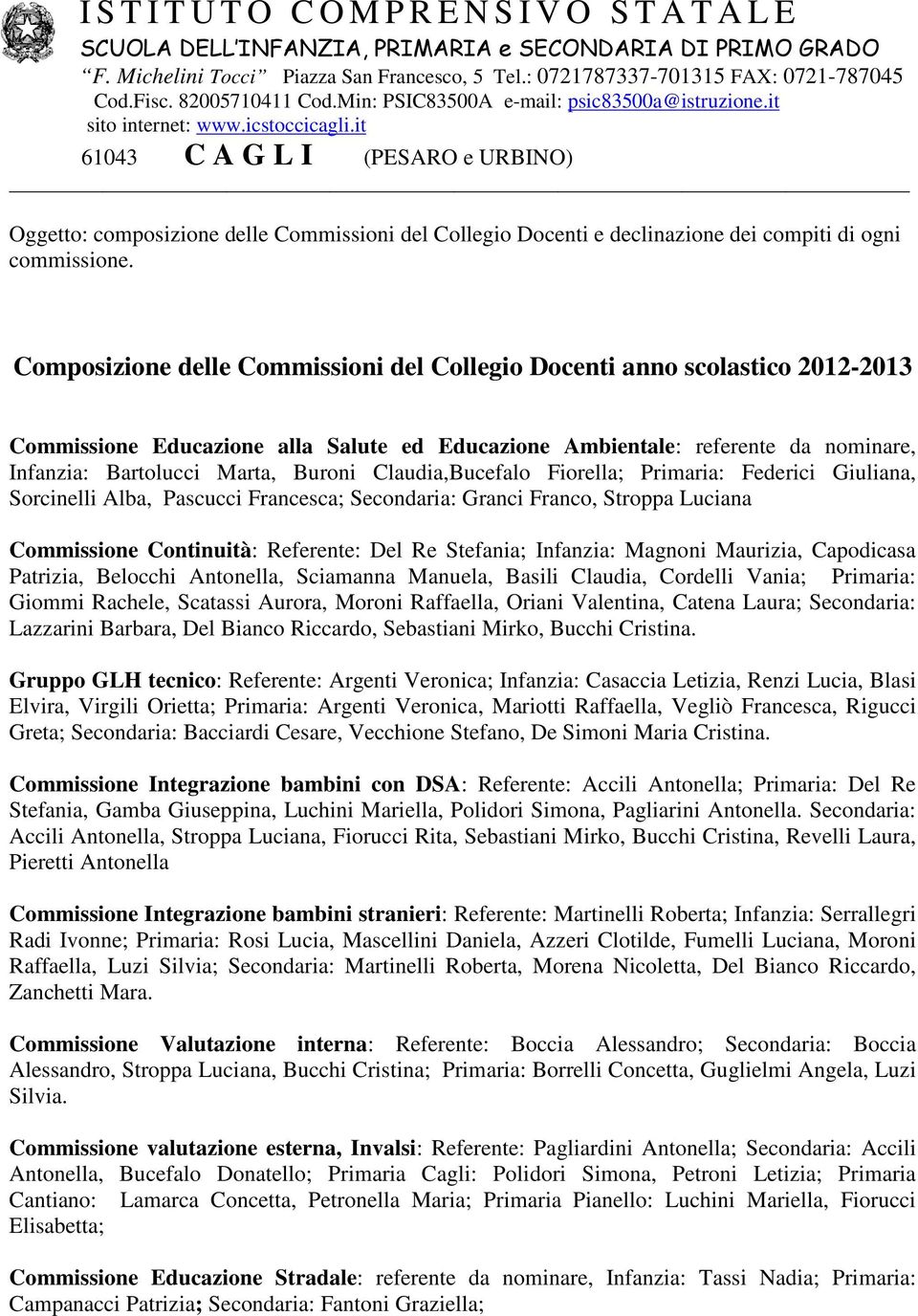 it 61043 C A G L I (PESARO e URBINO) Oggetto: composizione delle Commissioni del Collegio Docenti e declinazione dei compiti di ogni commissione.