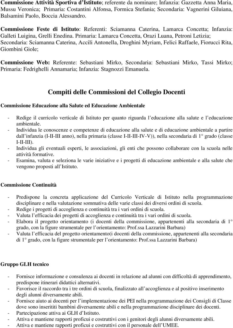 Primaria: Lamarca Concetta, Orazi Luana, Petroni Letizia; Secondaria: Sciamanna Caterina, Accili Antonella, Droghini Myriam, Felici Raffaele, Fiorucci Rita, Giombini Giole; Commissione Web: