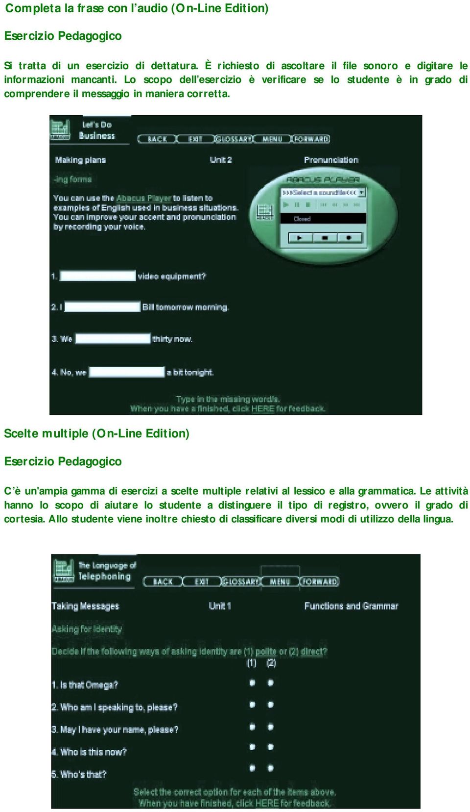 Lo scopo dell esercizio è verificare se lo studente è in grado di comprendere il messaggio in maniera corretta.