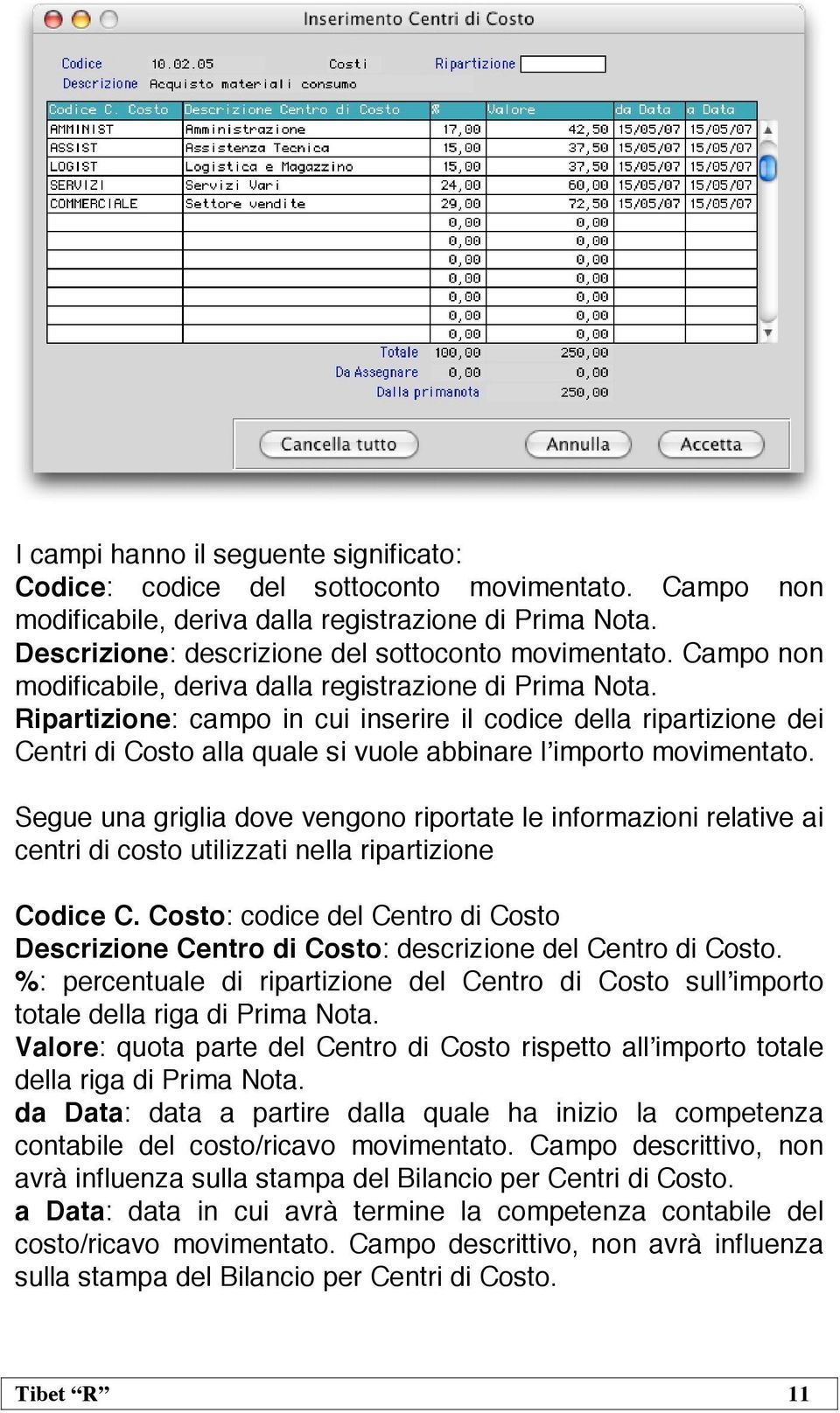 Ripartizione: campo in cui inserire il codice della ripartizione dei Centri di Costo alla quale si vuole abbinare l importo movimentato.