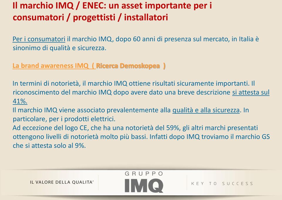 Il riconoscimento del marchio IMQ dopo avere dato una breve descrizione si attesta sul 41%. Il marchio IMQ viene associato prevalentemente alla qualità e alla sicurezza.