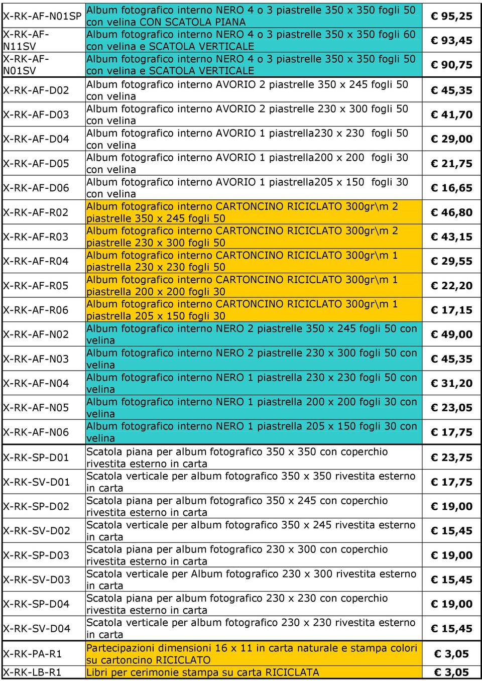 AVORIO 2 piastrelle 230 x 300 fogli 50 41,70 X-RK-AF-D04 Album fotografico interno AVORIO 1 piastrella230 x 230 fogli 50 29,00 X-RK-AF-D05 Album fotografico interno AVORIO 1 piastrella200 x 200 fogli