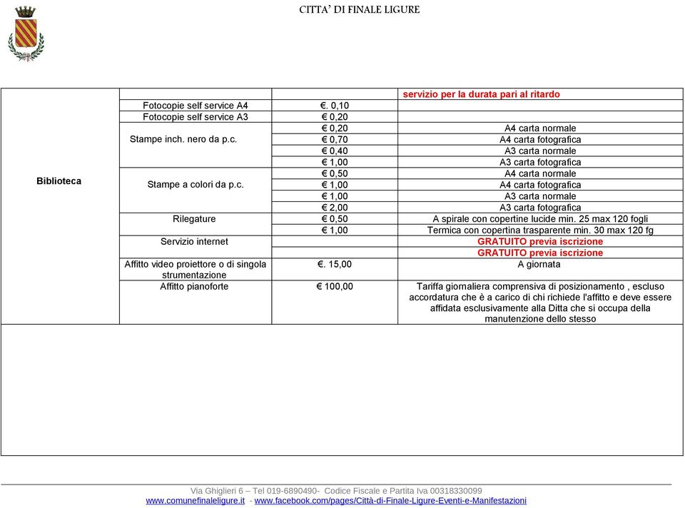 30 max 120 fg Servizio internet GRATUITO previa iscrizione GRATUITO previa iscrizione Affitto video proiettore o di singola.