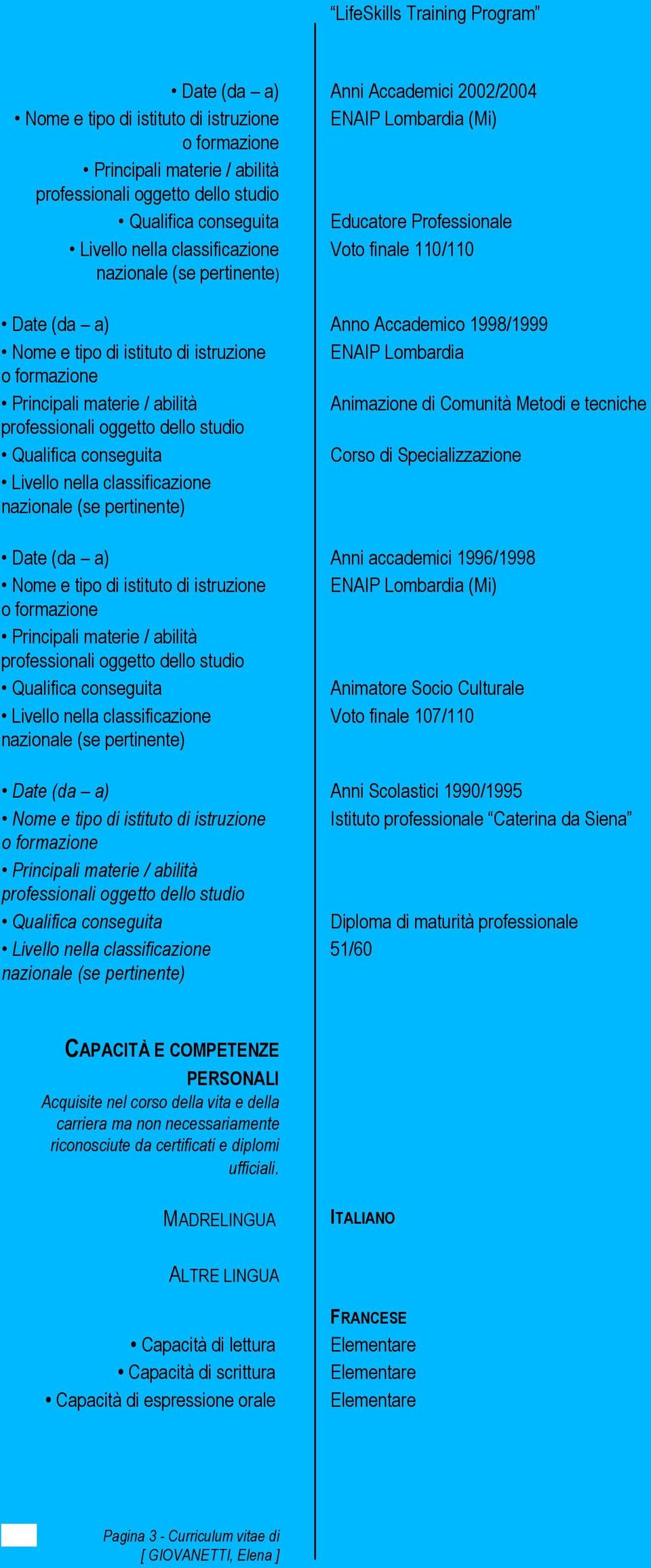 istruzione ENAIP Lombardia (Mi) Animatore Socio Culturale Voto finale 107/110 Date (da a) Anni Scolastici 1990/1995 Nome e tipo di istituto di istruzione Istituto professionale Caterina da Siena