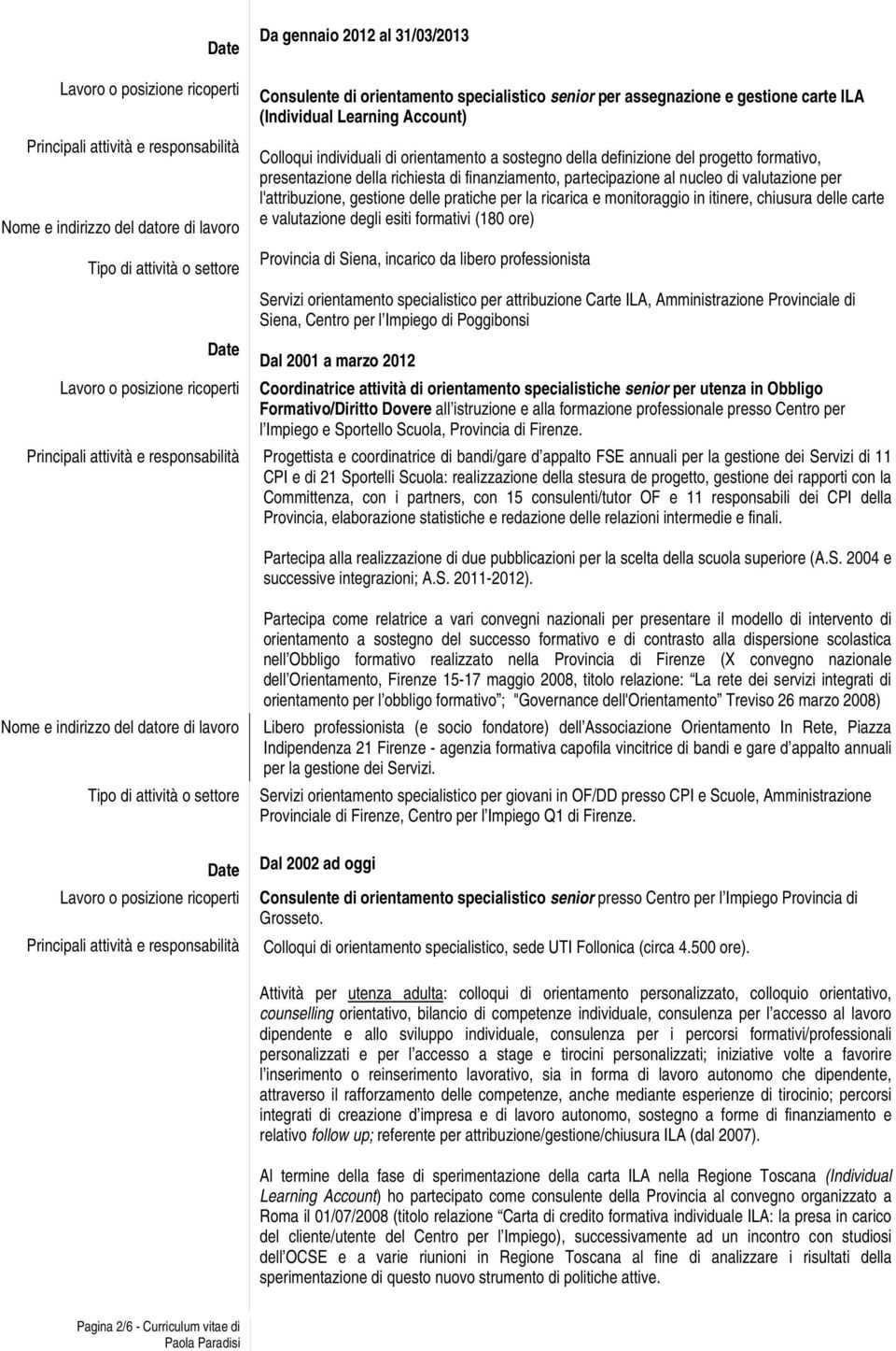 in itinere, chiusura delle carte e valutazione degli esiti formativi (180 ore) Provincia di Siena, incarico da libero professionista Servizi orientamento specialistico per attribuzione Carte ILA,