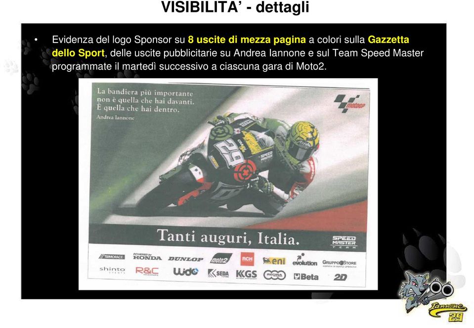 uscite pubblicitarie su Andrea Iannone e sul Team Speed