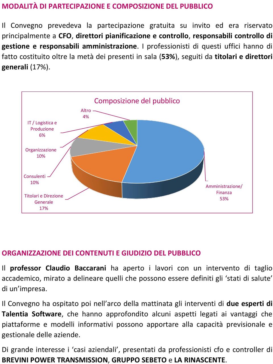 I professionisti di questi uffici hanno di fatto costituito oltre la metà dei presenti in sala (53%), seguiti da titolari e direttori generali (17%).