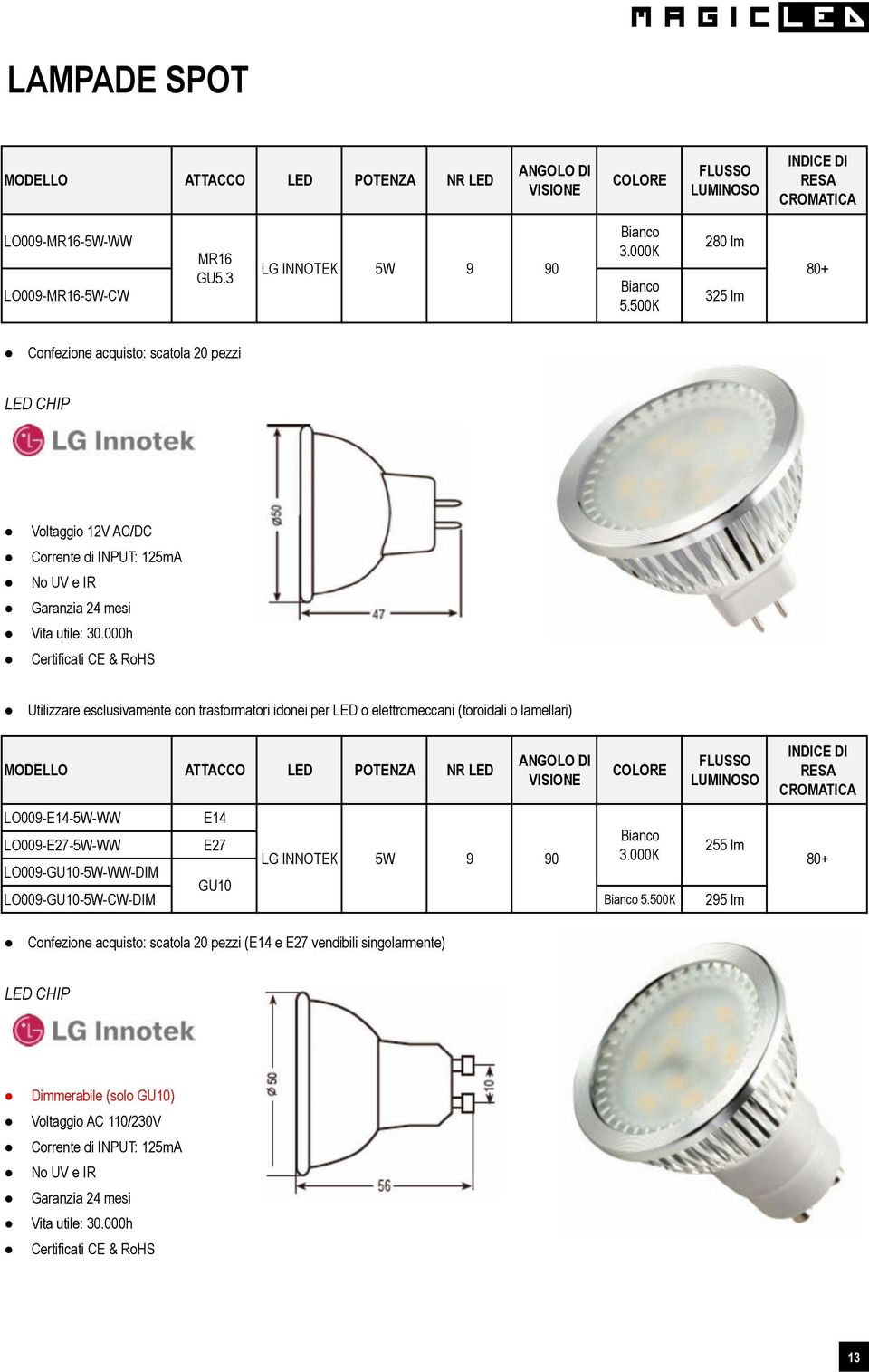 000h Certificati CE & RoHS Utilizzare esclusivamente con trasformatori idonei per LED o elettromeccani (toroidali o lamellari) MODELLO ATTACCO LED POTENZA NR LED LO009-E14-5W-WW E14 LO009-E27-5W-WW