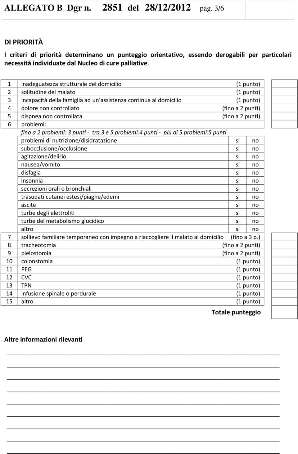 1 inadeguatezza strutturale del domicilio (1 punto) 2 solitudine del malato (1 punto) 3 incapacità della famiglia ad un assistenza continua al domicilio (1 punto) 4 dolore non controllato (fino a 2