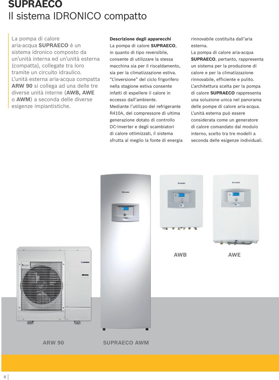 Descrizione degli apparecchi La pompa di calore SUPRAECO, in quanto di tipo reversibile, consente di utilizzare la stessa macchina sia per il riscaldamento, sia per la climatizzazione estiva.