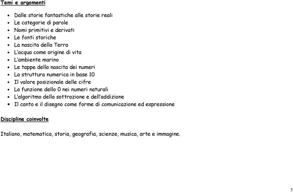 valore posizionale delle cifre La funzione dello 0 nei numeri naturali L algoritmo della sottrazione e dell addizione Il canto e il