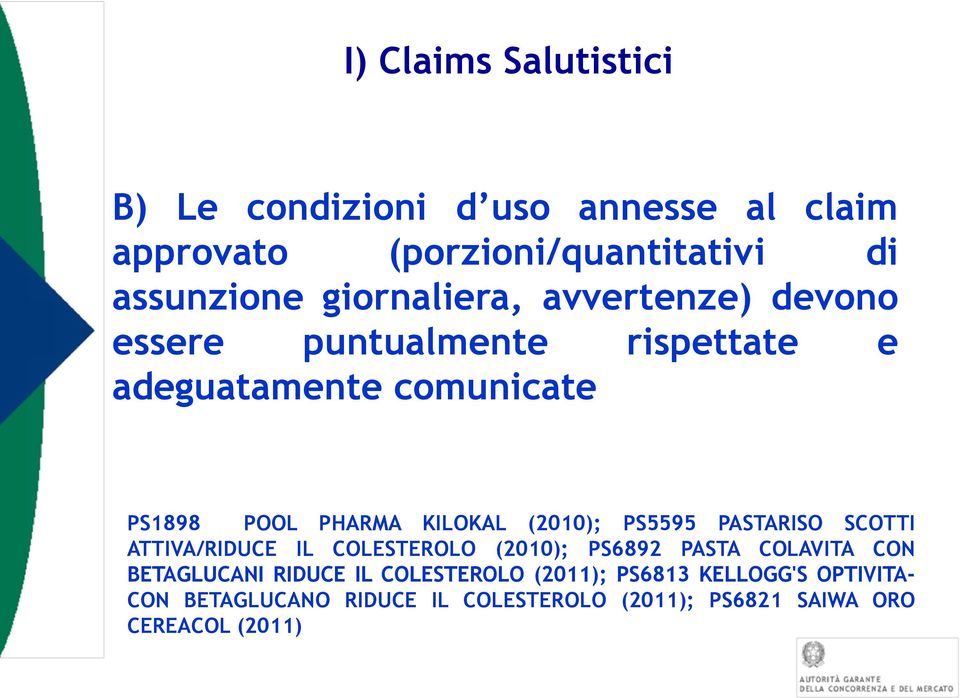 (2010); PS5595 PASTARISO SCOTTI ATTIVA/RIDUCE IL COLESTEROLO (2010); PS6892 PASTA COLAVITA CON BETAGLUCANI RIDUCE IL