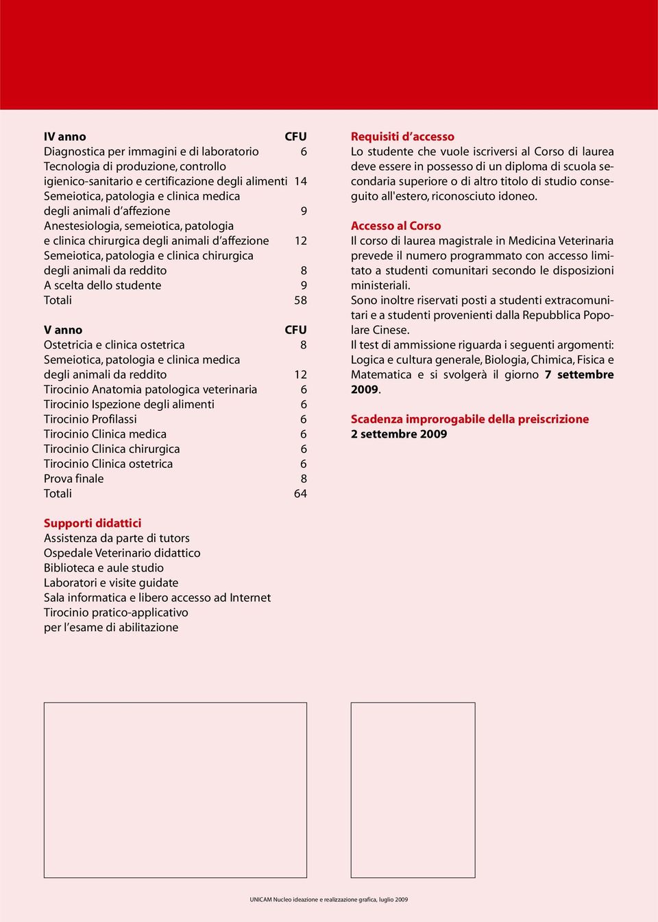 Totali 58 V anno Ostetricia e clinica ostetrica 8 Semeiotica, patologia e clinica medica degli animali da reddito 12 Tirocinio Anatomia patologica veterinaria 6 Tirocinio Ispezione degli alimenti 6