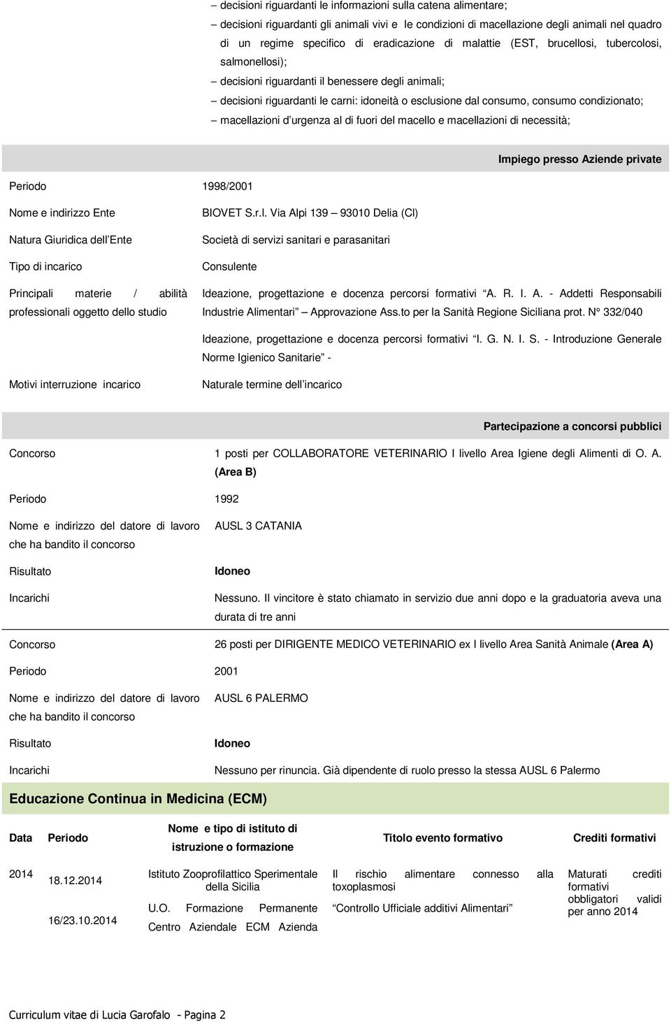 macellazioni d urgenza al di fuori del macello e macellazioni di necessità; Periodo 1998/2001 Impiego presso Aziende private Nome e indirizzo Ente Natura Giuridica dell Ente Tipo di incarico