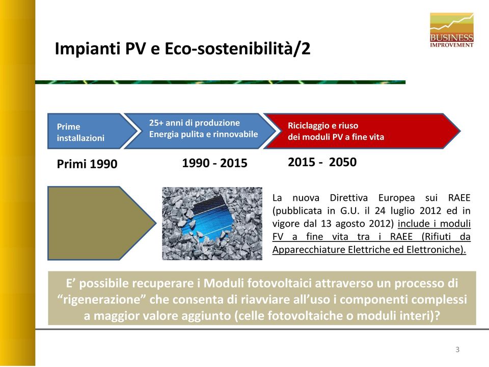 il 24 luglio 2012 ed in vigore dal 13 agosto 2012) include i moduli FV a fine vita tra i RAEE (Rifiuti da Apparecchiature Elettriche ed Elettroniche).