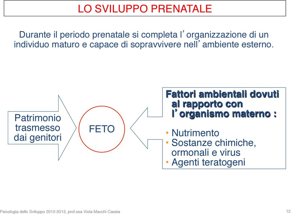 Patrimonio trasmesso dai genitori FETO Fattori ambientali dovuti al rapporto con l organismo